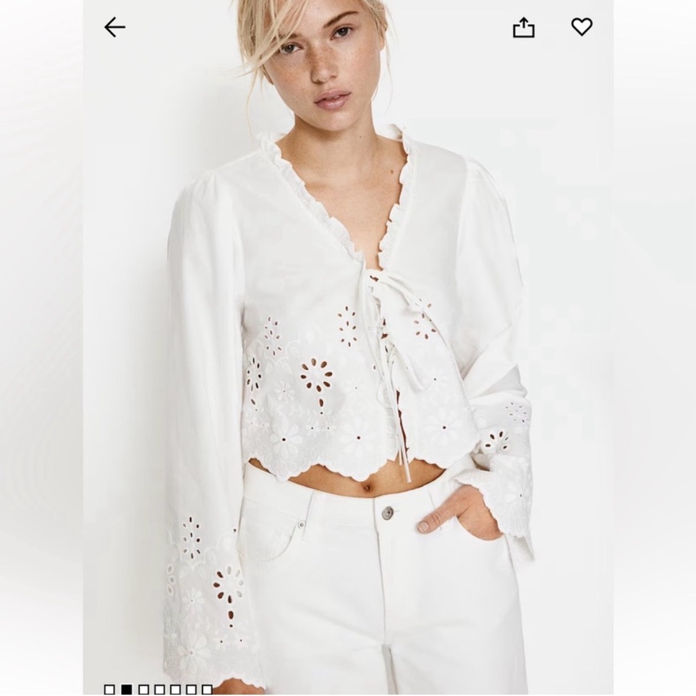 H&M | White Eyelet Tie-Front Long Sleeve Top